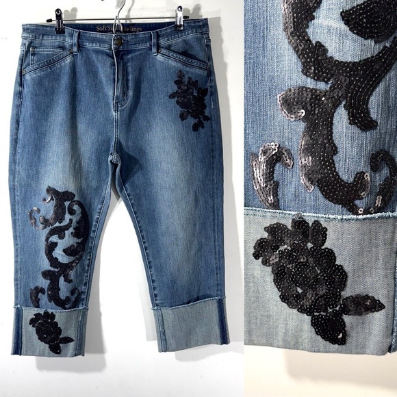 Soft Surroundings Denim - Soft Surroundings Nicola Sequin Applique Cuffed Cropped Jeans
